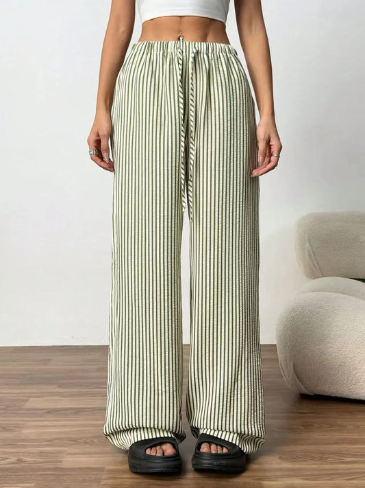 Women's Striped Wide-Leg Pants with Drawstring Waist and Pockets