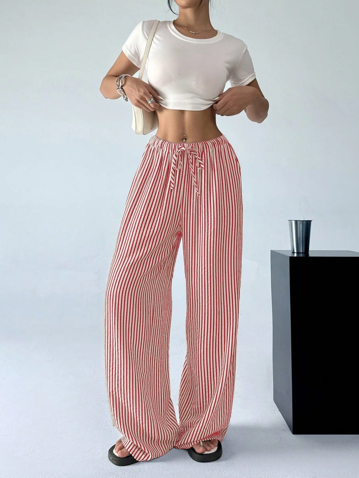 Women's Striped Wide-Leg Pants with Drawstring Waist and Pockets