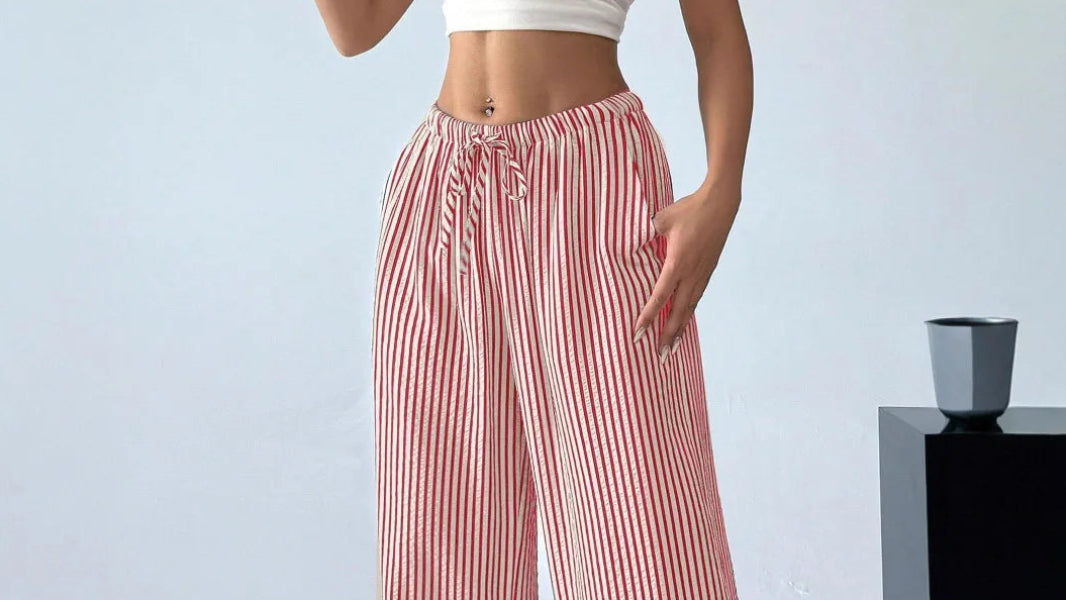 Women's Striped Wide-Leg Pants with Drawstring Waist and Pockets
