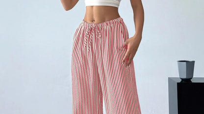 Women's Striped Wide-Leg Pants with Drawstring Waist and Pockets