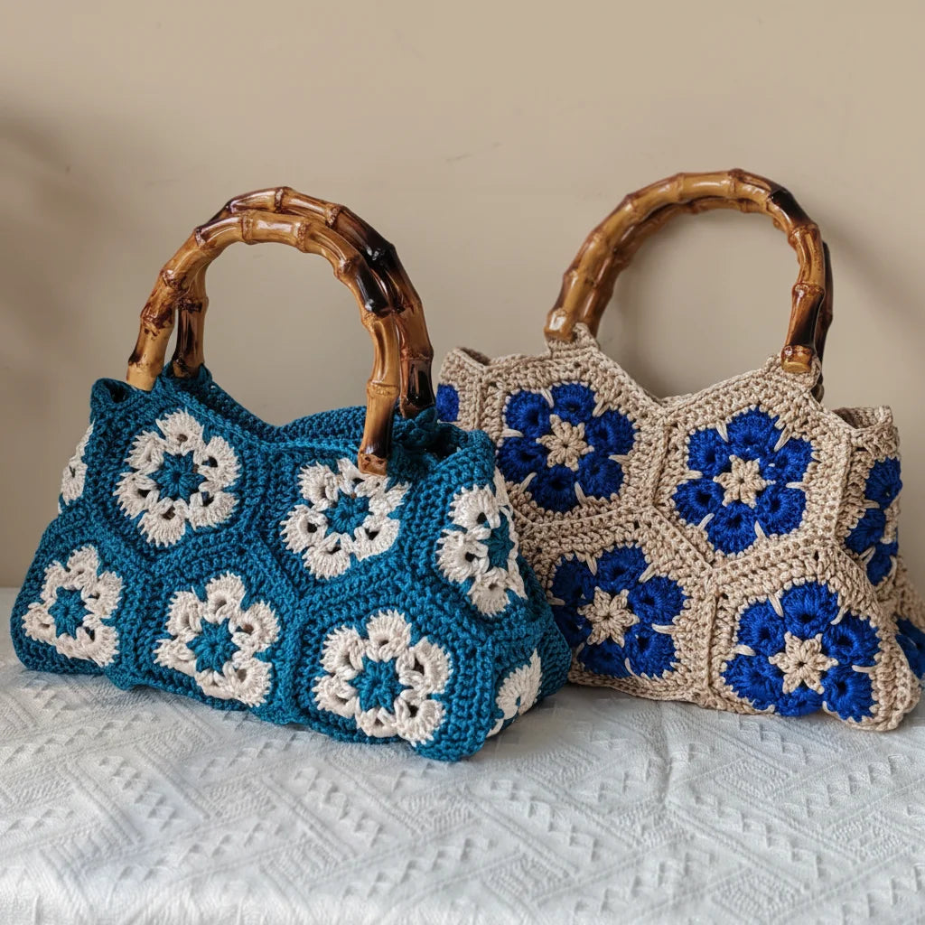  Granny Square Tote Bag with Bamboo - Handmade Crochet