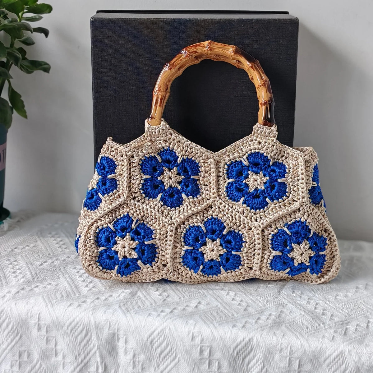  Granny Square Tote Bag with Bamboo - Handmade Crochet