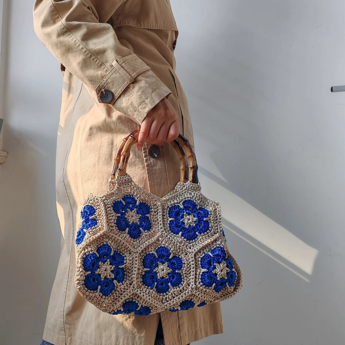  Granny Square Tote Bag with Bamboo - Handmade Crochet