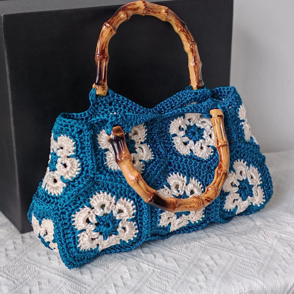  Granny Square Tote Bag with Bamboo - Handmade Crochet