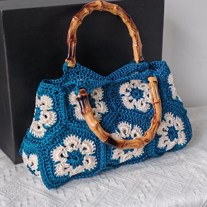  Granny Square Tote Bag with Bamboo - Handmade Crochet