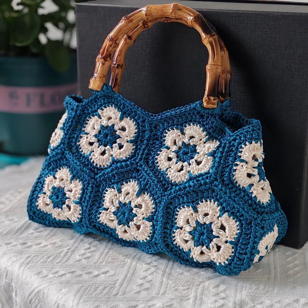  Granny Square Tote Bag with Bamboo - Handmade Crochet