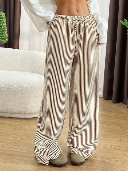 Women's Striped Wide-Leg Pants with Drawstring Waist and Pockets