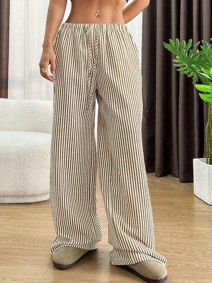 Women's Striped Wide-Leg Pants with Drawstring Waist and Pockets
