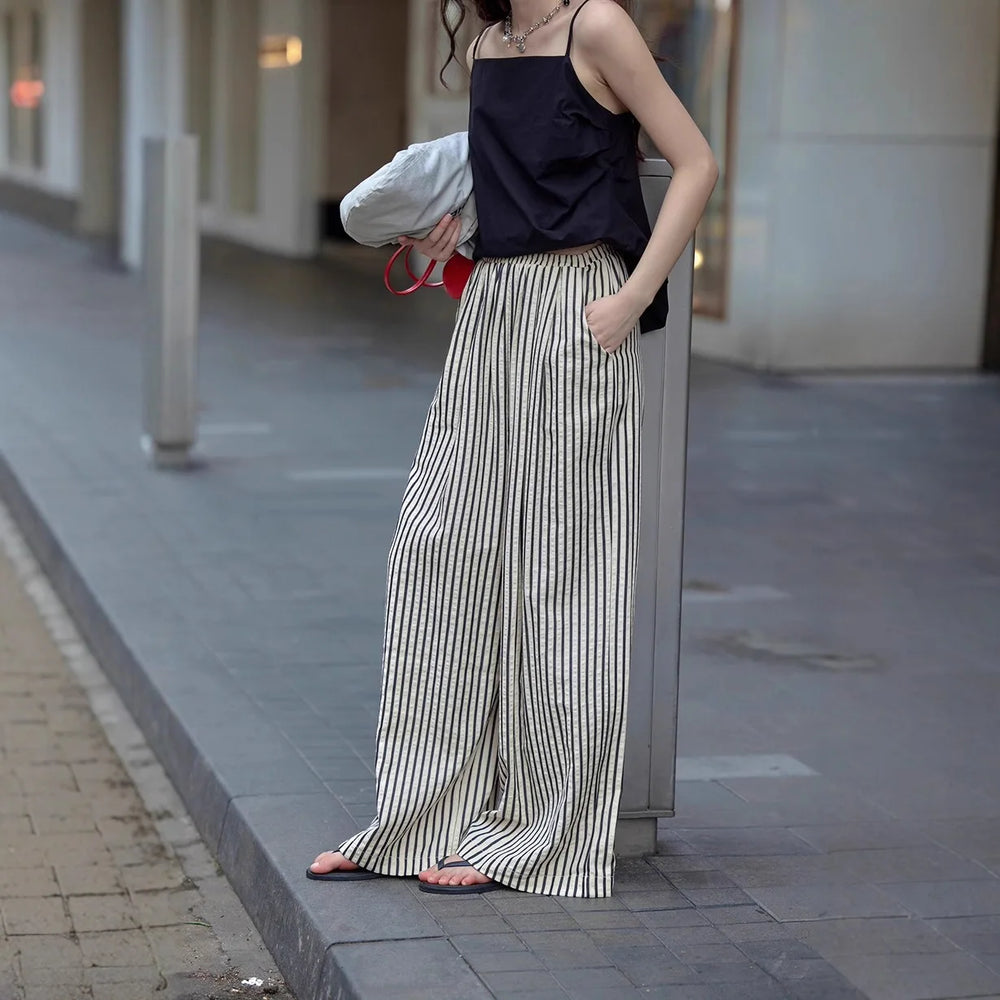 Women's Striped Wide-Leg Pants with Drawstring Waist and Pockets