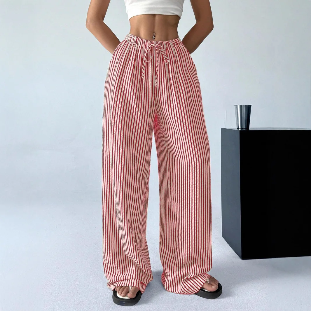 Women's Striped Wide-Leg Pants with Drawstring Waist and Pockets