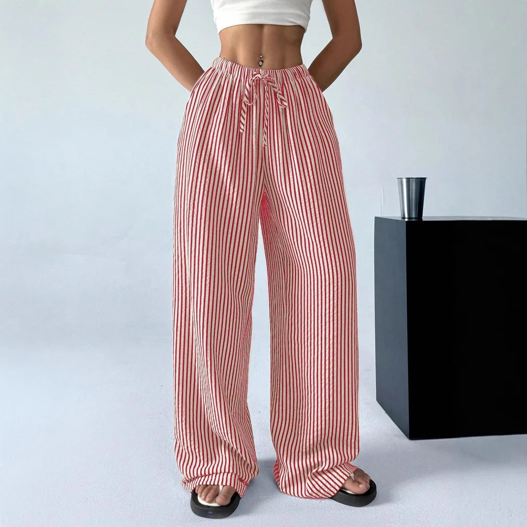 Women's Striped Wide-Leg Pants with Drawstring Waist and Pockets